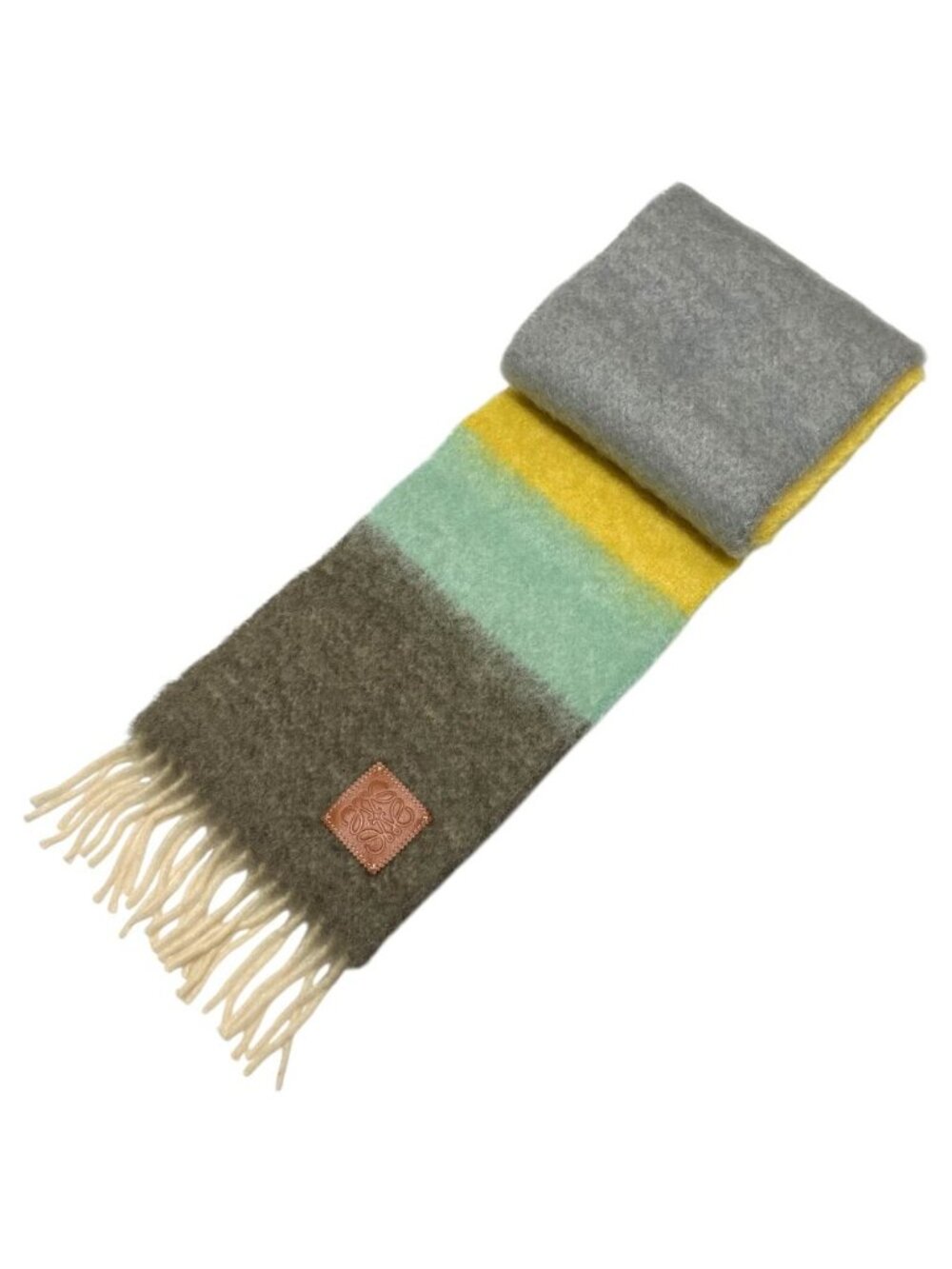 Loewe Anagram Logo Patch Mohair Wool Fringe Knit Scarf Multicolor